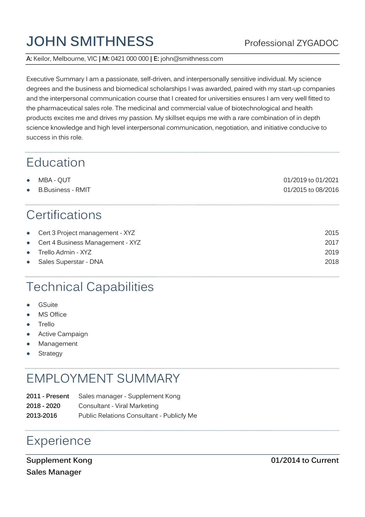 ZYGADOC ATS Complian Sample Resumé CV Page 1